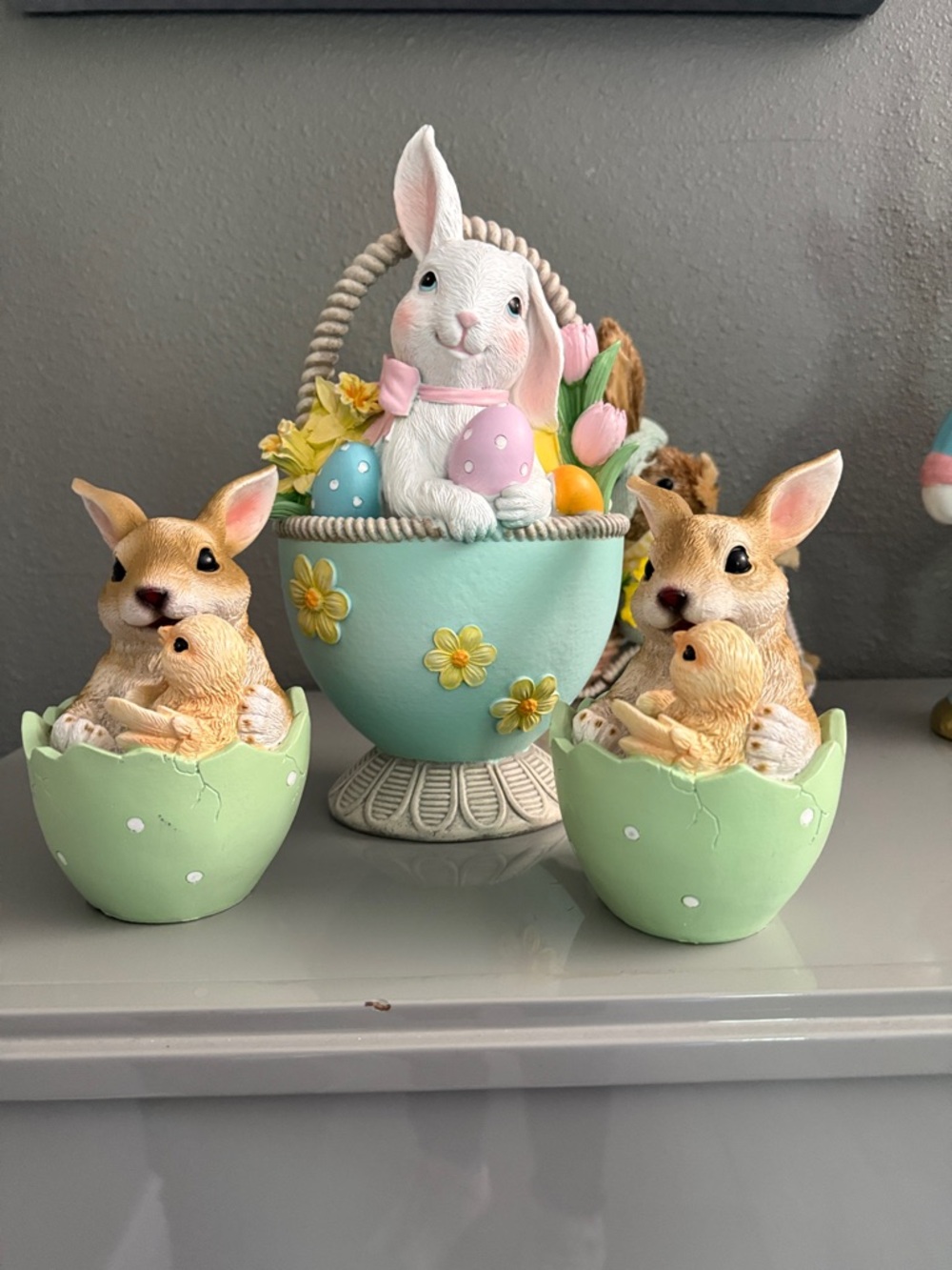 Decorative Pastel Bunny and Bunny-in-Egg Figurine Set - Green and White